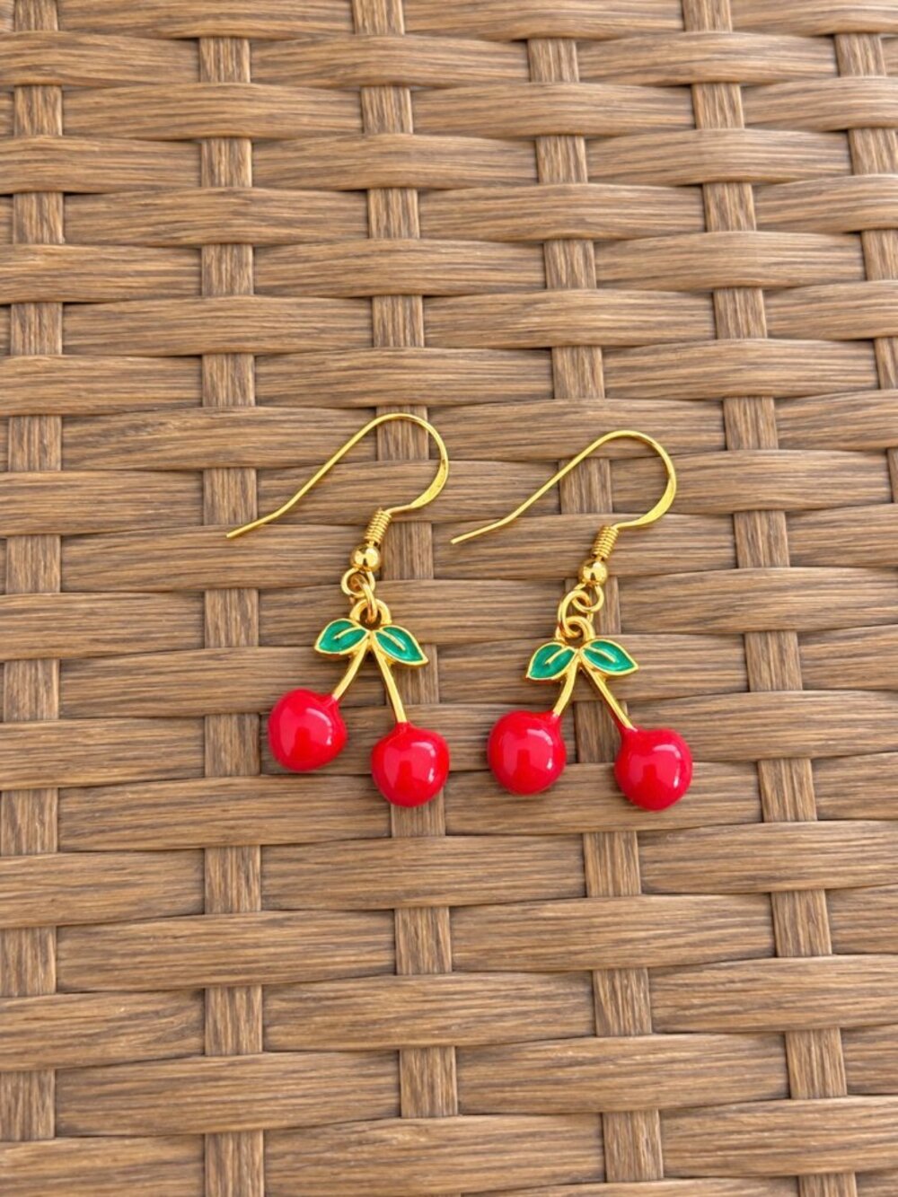 Cherry Dangle Earrings, Gold Plated 925 Sterling Silver, Red Cherry Fruit Earrin